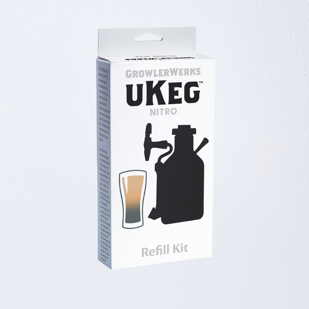 GrowlerWerks UKEG Nitro Refill Kit in a white box with black and gray text and illustrations of a bottle and glass, shown on a light gray background.